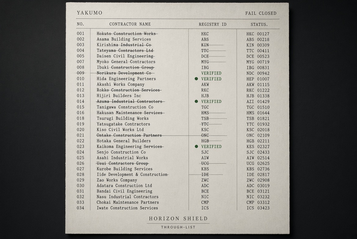 The Yakumo through-list: a printed contractor registry where failed entries are struck through and passing entries are marked verified.